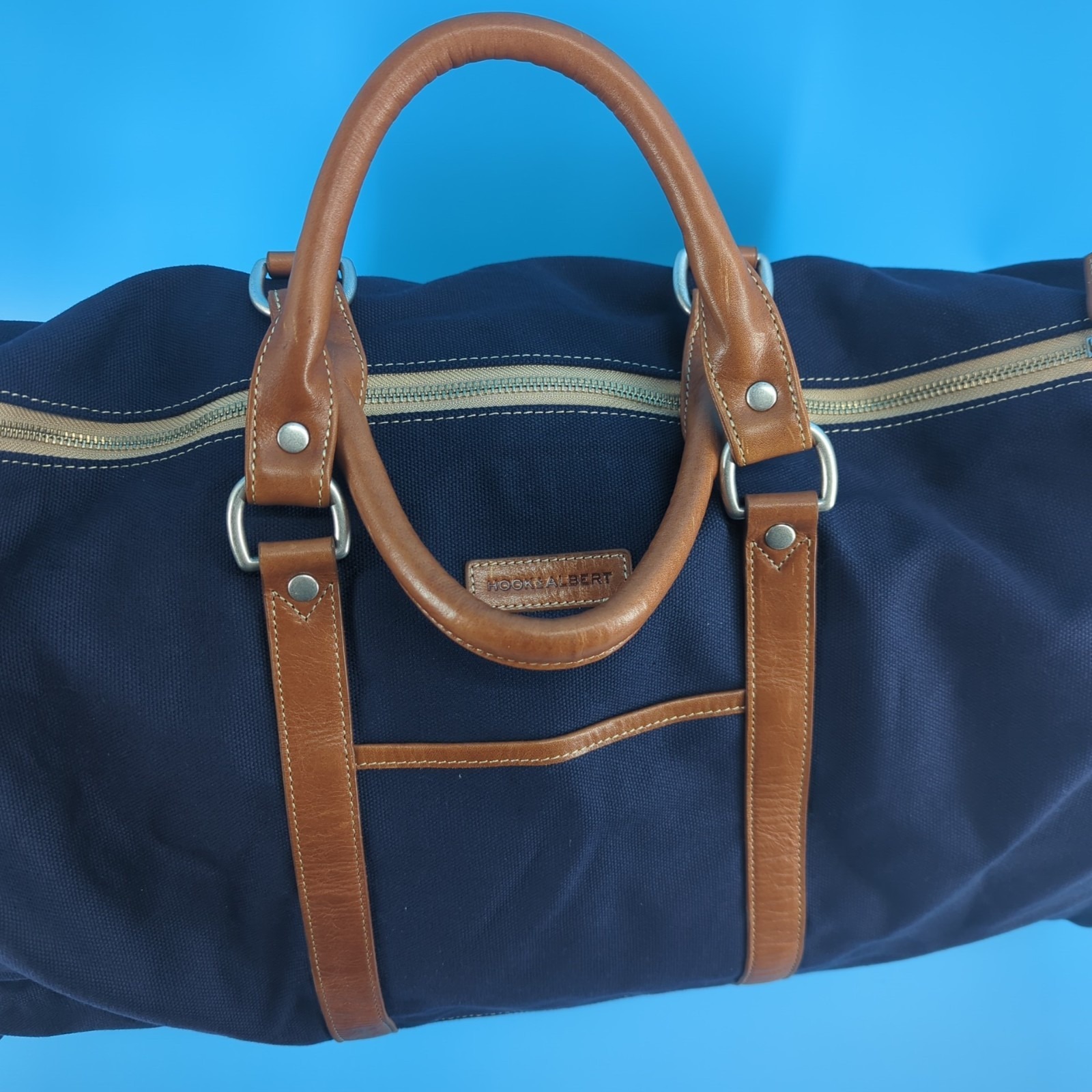 Hook & Albert Navy Blue Canvas Leather Weekender Duffle Travel Bag 21" Luxury — image 2 of 8